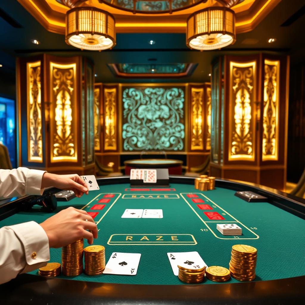 Permainan Baccarat VIP dengan kad dan dealer profesional di meja kasino mewah