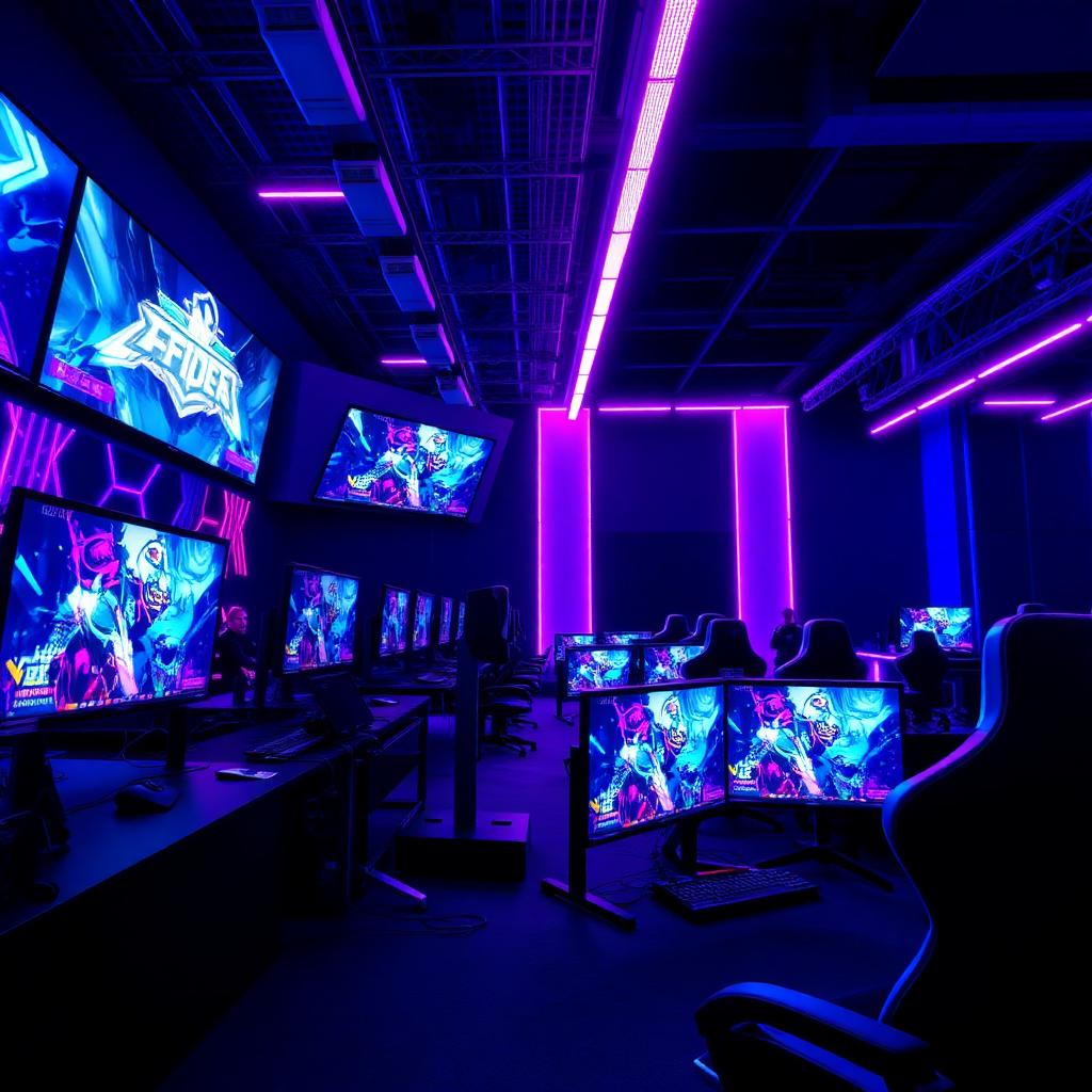 Arena pertandingan esports Mobile Legends dan Dota 2 dengan pemain profesional di pentas besar