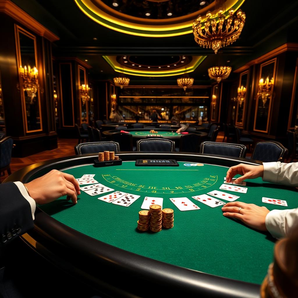 Meja Blackjack dengan kad dan cip kasino, dealer profesional mengedarkan kad 21