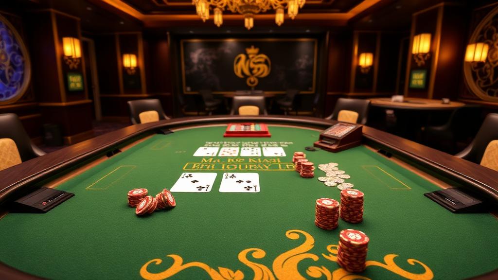 Meja blackjack online dengan kad dan cip kasino di MegaCasinoWorld Malaysia