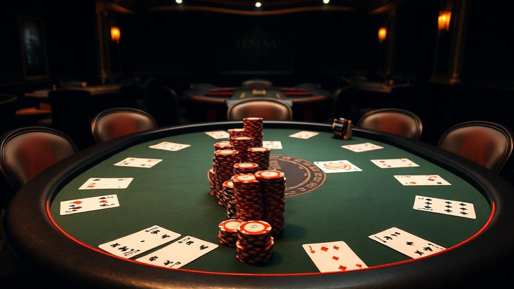 Meja poker Texas Hold'em dengan kad komuniti dan cip