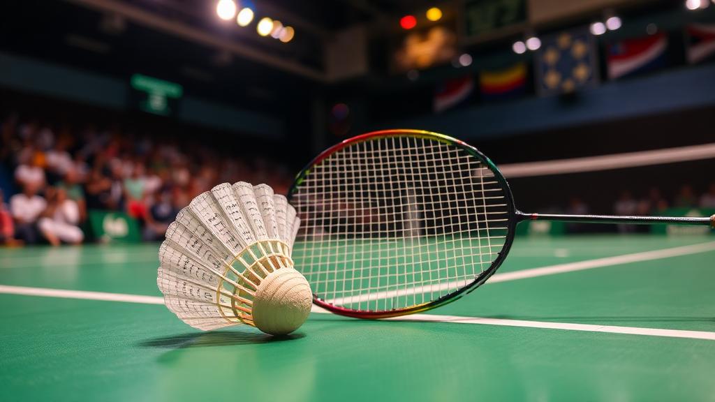Raket badminton dan bulu tangkis di gelanggang pertandingan Malaysia