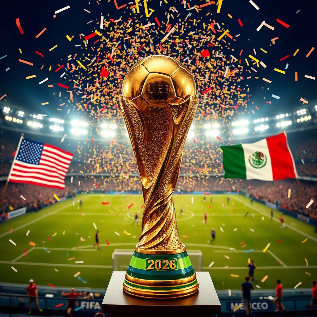 Poster rasmi Piala Dunia FIFA 2026 menampilkan stadium di Amerika Syarikat, Kanada dan Mexico dengan logo kejohanan bola sepak antarabangsa terbesar